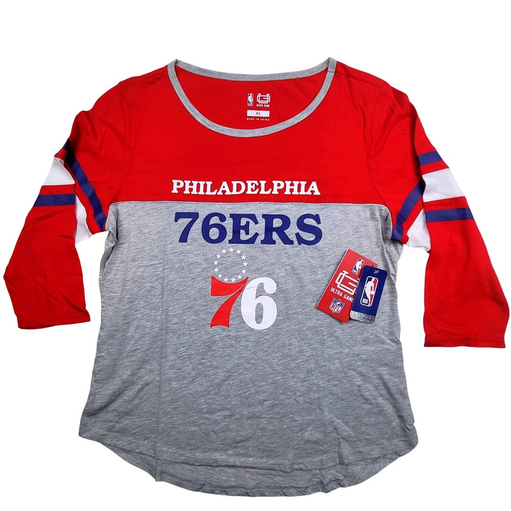 Philadelphia‎ 76ers NBA Womens XL Red Gray 3/4 Sleeve Jersey Shirt Ultra Game